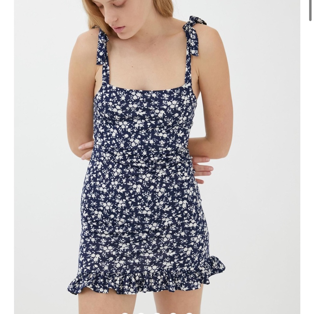 Urban Outfitters Ballina tie shoulder mini navy floral dress with ruffle hem